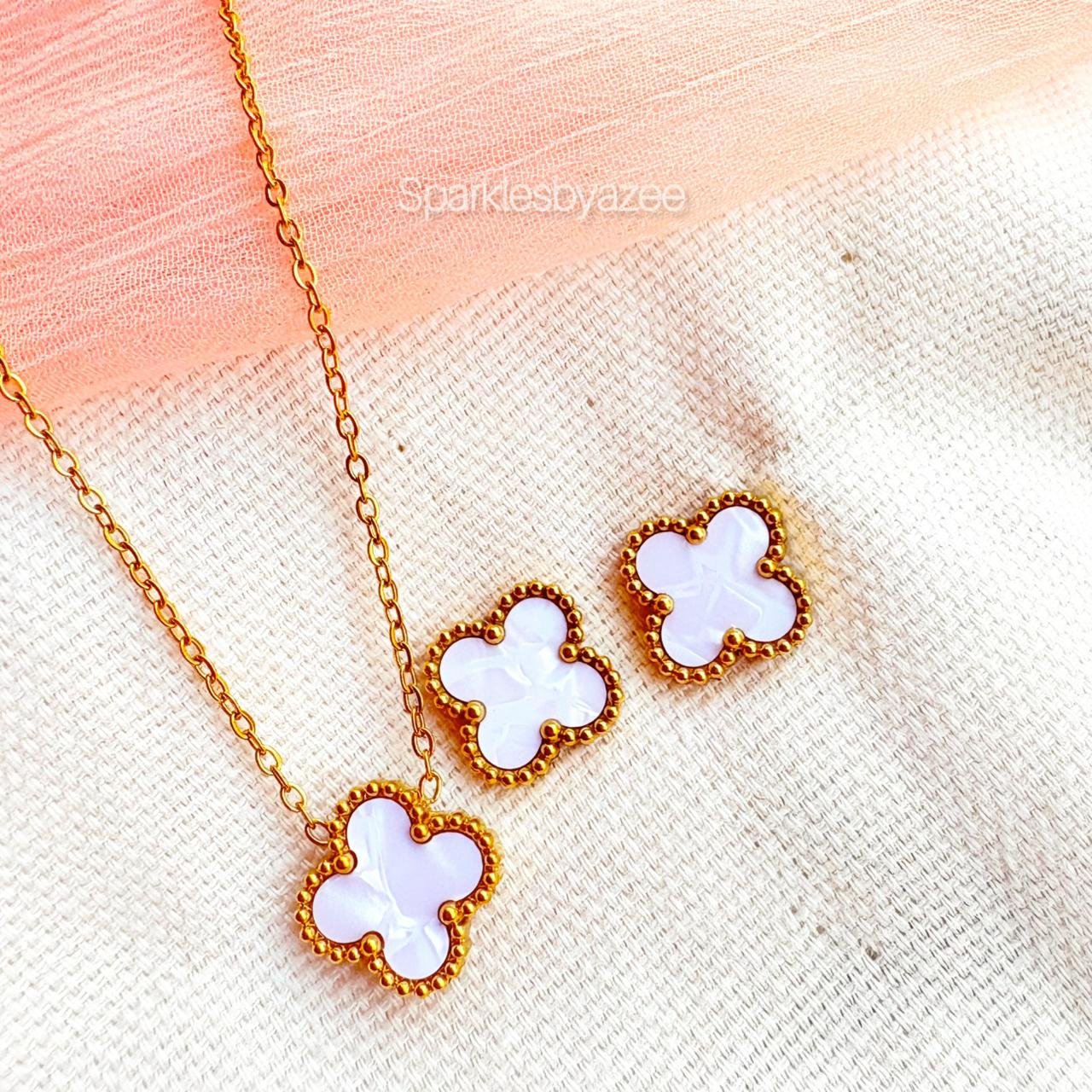 Double Sided White Clover Set Necklace & Studs (18K Gold Plated)